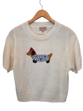 Romeo Romeo Cream Short-Sleeve Wool Blend Sweater Embellished Dog Size XL EUC